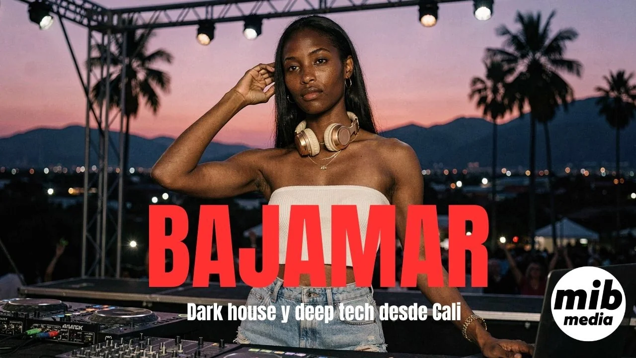 Portada de BAJAMAR: la DJ con audífonos al cuello en una tarima al aire libre al atardecer, con palmeras y montañas detrás