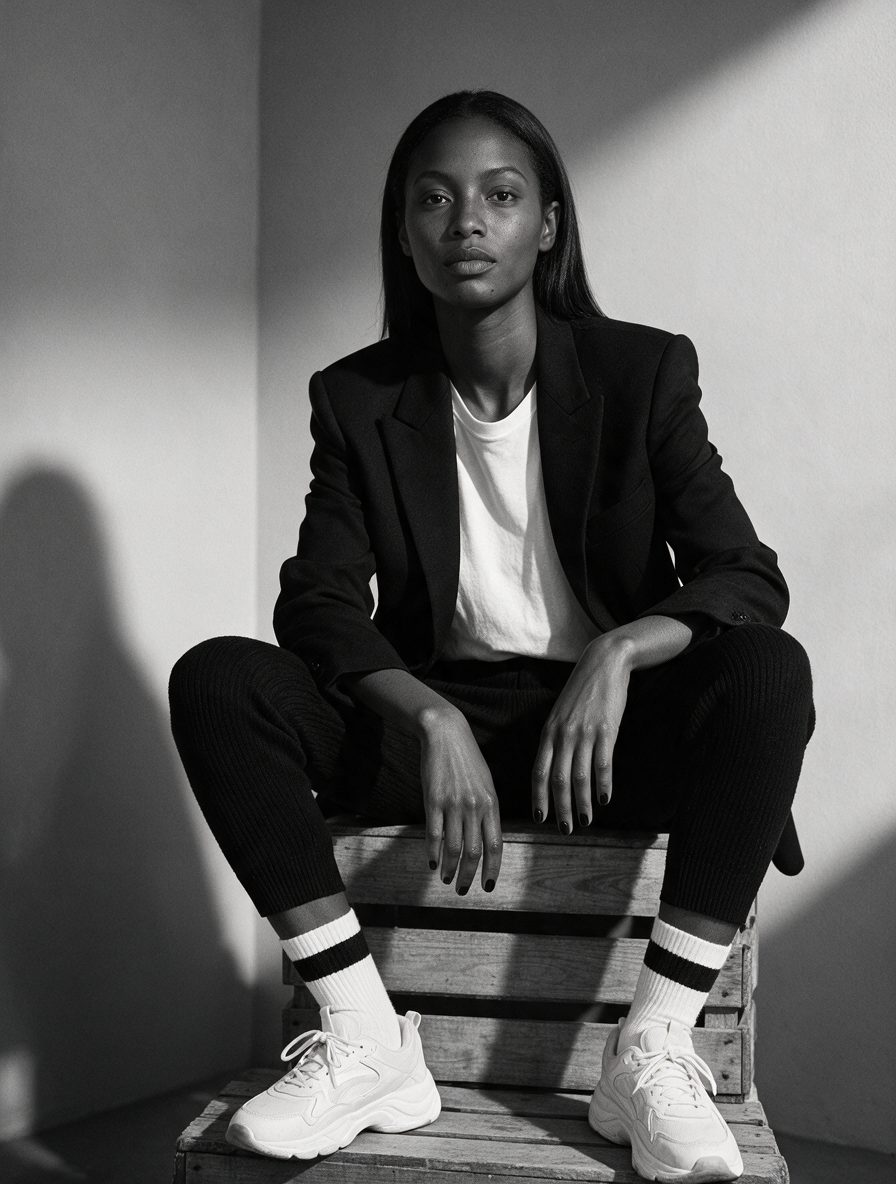 Retrato en blanco y negro de la modelo sentada sobre cajones de madera, con blazer negro, camiseta blanca y tenis