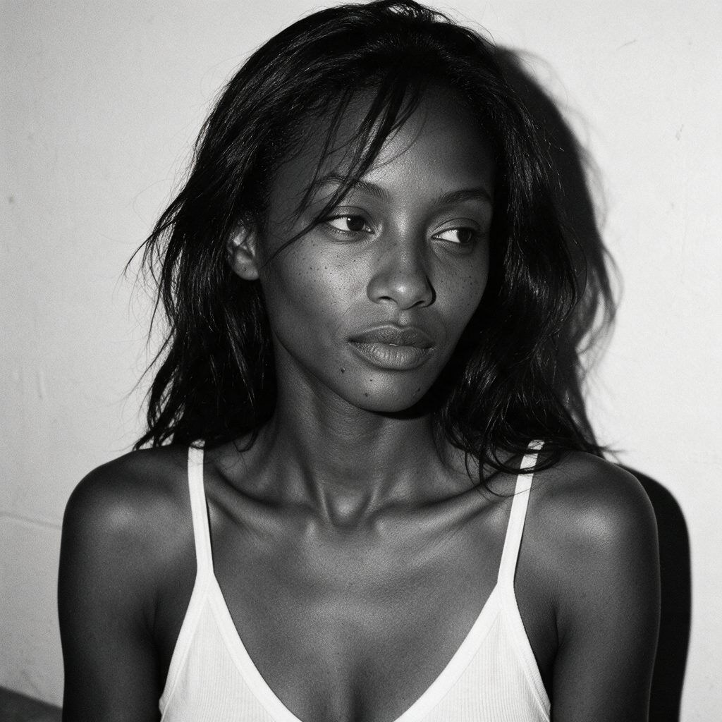 Retrato cercano en blanco y negro de la modelo con camiseta de tirantes, luz natural y piel con pecas visibles
