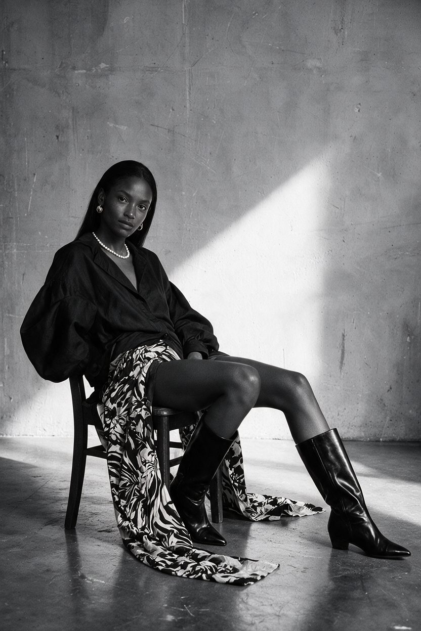 La modelo en blanco y negro sentada en una silla ante un muro de concreto, con camisa amplia, falda estampada larga y botas
