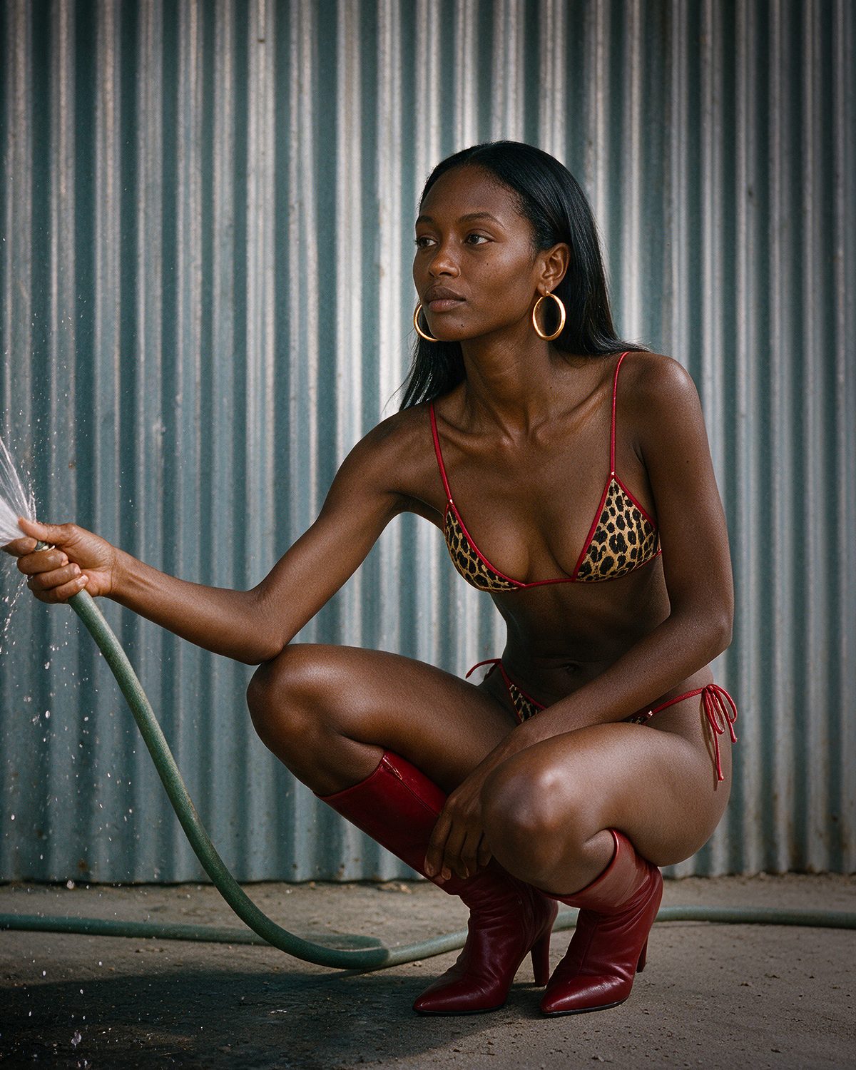 La modelo agachada junto a una pared de lámina corrugada, sosteniendo una manguera con el agua saliendo