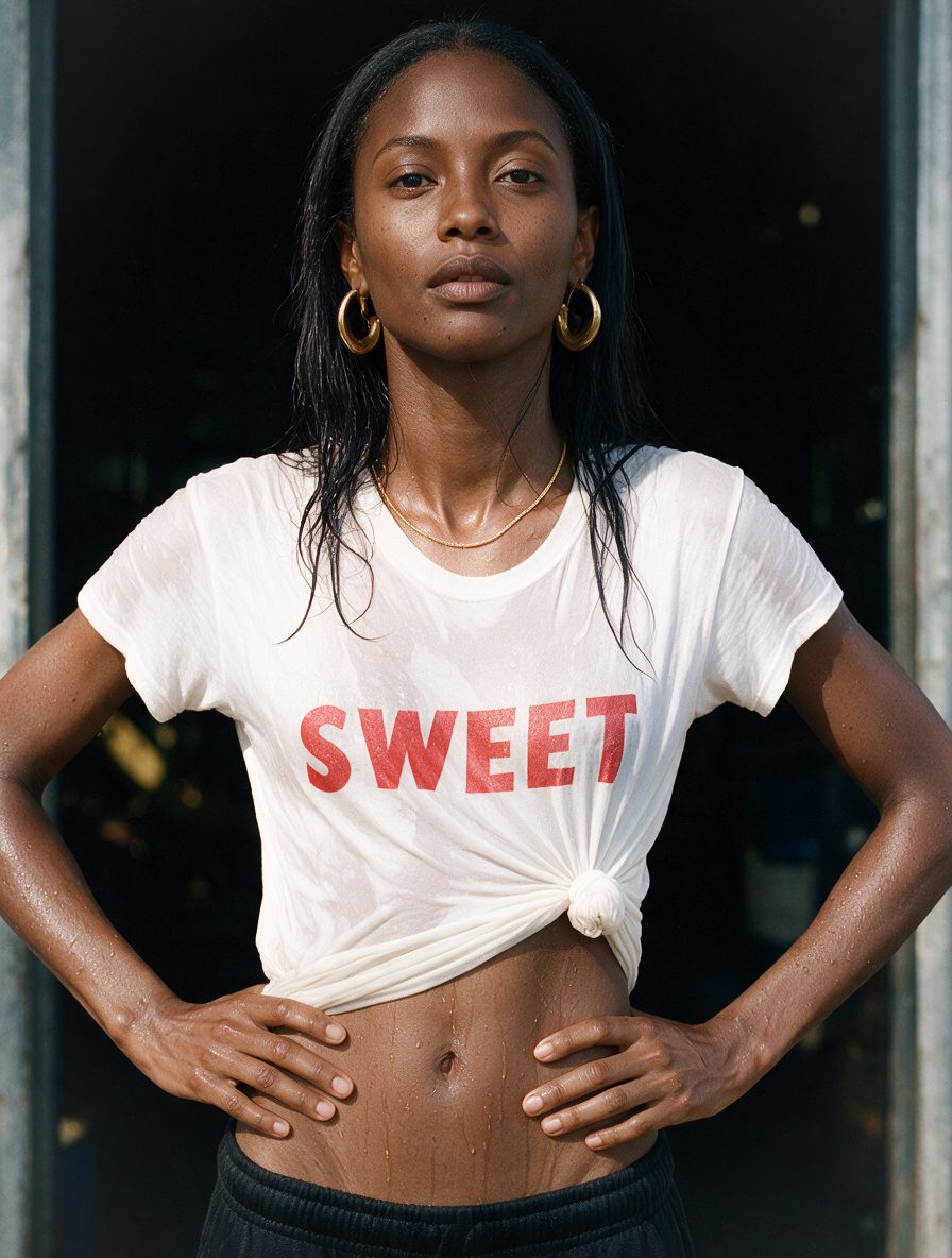 Retrato frontal de la modelo con camiseta blanca anudada y el pelo mojado, a la entrada de un taller