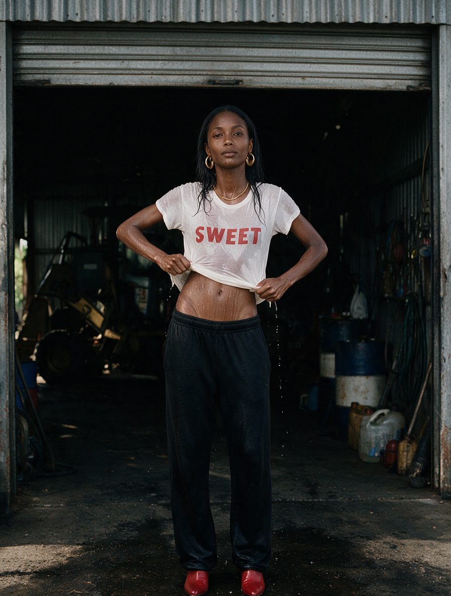 La modelo de cuerpo entero con camiseta blanca mojada y pantalón oscuro, en el portón de un taller