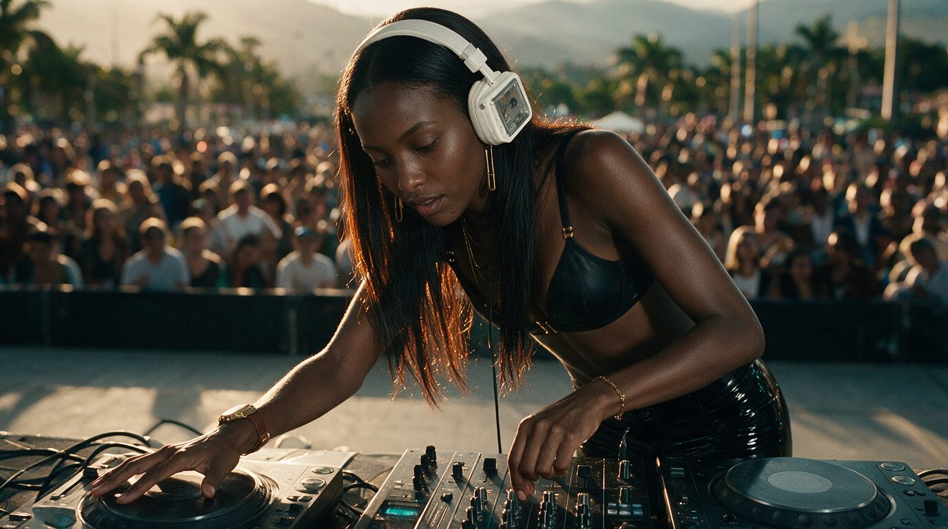 La modelo inclinada sobre una consola de DJ con audífonos puestos, ante una multitud a contraluz dorado